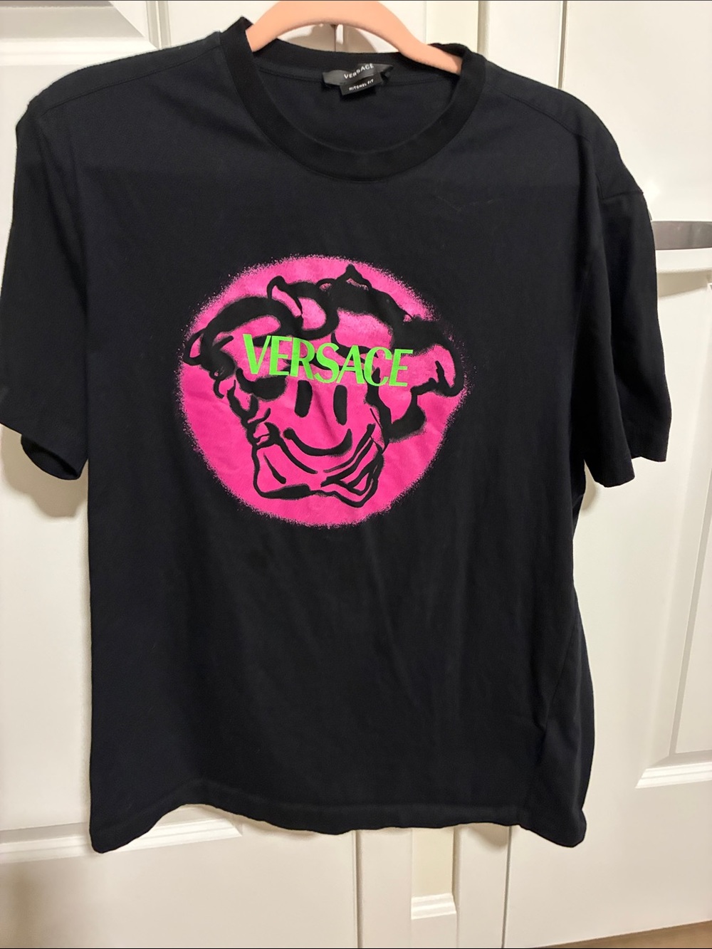 Versace Black Tee with Neon Pink Medusa Print and Lime Logo
